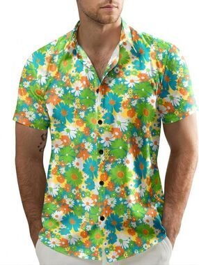 Jogal green orange flower print button front short sleeve bold party funky shirt